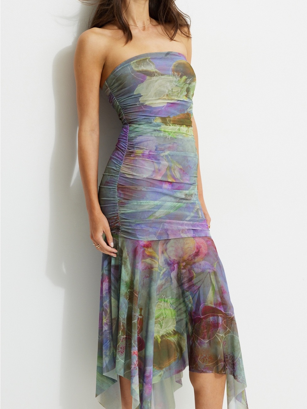 Dynamite Strapless Watercolor Floral Midi Dress in Green, Purple, Blue